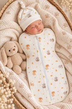 Європелюшка-кокон на блискавці з шапкою (широкий рубчик) на 0-3 міс 56-62 см Звірята Молочний / Бежевий 46625 фото