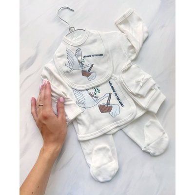 Комплект одягу 5в1 в пологовий для немовлят з інтерлоку Лелека 62 см Молочний 30141 фото