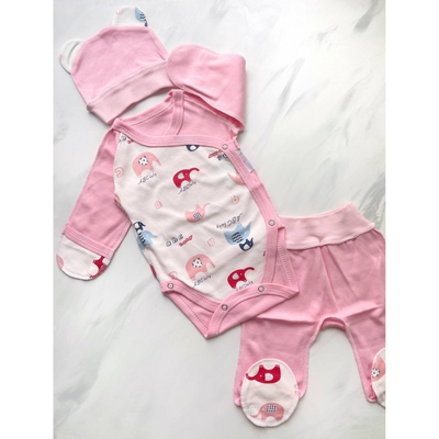 Комплект одягу 3в1 в пологовий для немовлят з інтерлоку з бодіком Слоники 56 см Ніжно-рожевий 30094 фото