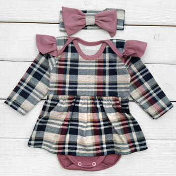 Боди платье и повязка для девочки в клеточку Polly 68 см Фиолетовый 39396 фото
