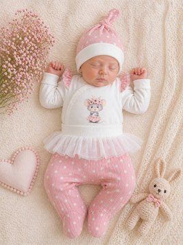Комплект одежды 3в1 в родильной летней (из кулира) для девочки с бодиком и рюшами Мышка на 56 см Белый/ Пудровый 46141 фото