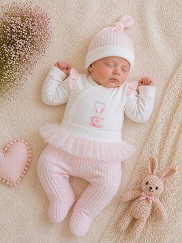 Комплект одежды 3в1 в родильный летний (кулир+ажур) для девочки с бодиком и рюшами Зайчик на 62 см Белый / Розовый 46145 фото