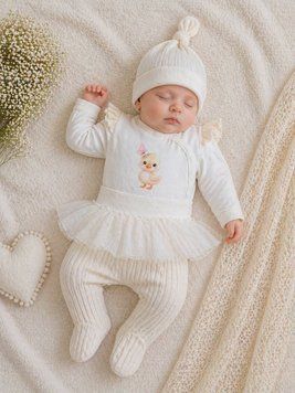 Комплект одежды 3в1 в родильный летний (кулир+ажур) для девочки с бодиком и рюшами Уточка на 56 см Белый / Молочный 46147 фото