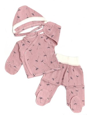 Мусліновий комплект 3в1 для немовлят із зовнішніми швами на 56 см Кульбабки Рожевий 38881 фото