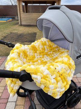 Плюшевий в'язаний дитячий плед "Плетінка" Плямистий 80 на 80 см №5921 Жовтий/Білий 40875 фото