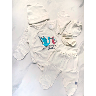 Комплект одягу 5в1 в пологовий для немовлят на баєчці з бодіком Лелека 62 см Молочний 30080 фото