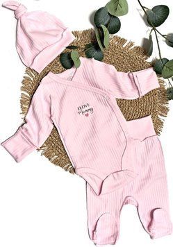 Комплект 3в1 в родильный для младенцев в рубчик с бодиком 56 см I Love Mommy Розовый 44443 фото